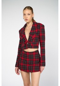Resim Kadın Kırmızı Ekoseli Crop Blazer Kırmızı 