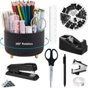 Resim Ofis Masa Organizer Seti ile 360° Dönen Kalem Tutucu, Stapler, Bant Dispenser, Binder Klips, Makas, Yapışkan Notlar ve Yazma Kalemleri - 10 Parça Masa Aksesuarları Seti Öğrenciler ve Profesyoneller için - PC Malzeme, Elektriksiz - Siyah 