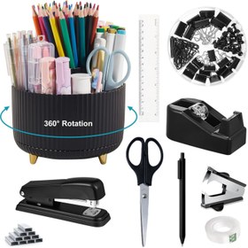 Resim Ofis Masa Organizer Seti ile 360° Dönen Kalem Tutucu, Stapler, Bant Dispenser, Binder Klips, Makas, Yapışkan Notlar ve Yazma Kalemleri - 10 Parça Masa Aksesuarları Seti Öğrenciler ve Profesyoneller için - PC Malzeme, Elektriksiz - Siyah 