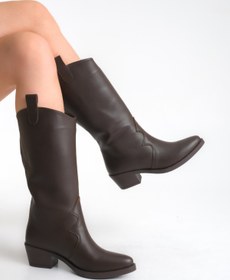 Resim Ayakkabı Delisiyim Kahverengi Deri Kadın Çizme Western Kovboy Diz Altı Kaymaz Taban Kalın Topuklu Cleo 