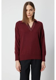 Resim On Kadın Polo Yaka Zincir Detaylı Triko Kazak 66336 Bordo Bordo 