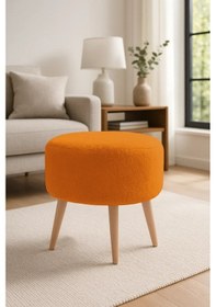 Resim Waterybrook Yuvarlak Puf Welsoft Kumaş Ceviz Ahşap Ayaklı - Makyaj - Yatak Ucu - Dekoratif Oturma Pufu Turuncu 