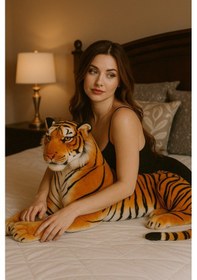 Resim 100 Cm Dev Boy Peluş Kaplan Oyuncak Gerçekçi Tasarım Kahverengi 