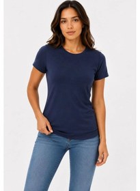 Resim Kadın Basic Tişört Bisiklet Yaka Kısa Kol Günlük Yazlık Slim Fit T-shirt - Lacivert 