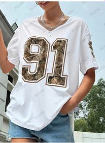 Resim Jklvzoe 2025 Yaz Retro No. 91 Baskılı Kadın V Yaka Spor Tişört Y2k Büyük Boygökyüzü Mavi Gökyüzü Mavi 