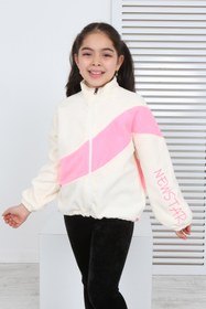 Resim Toontoy Kız Çocuk Dik Yaka Fermuarlı Renk Bloklu Reglan Kol Polar Hırka - Beli Ayarlanabilir Lastikl 