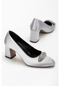 Resim Dilimler Ayakkabı Kadın Siletto Topuklu Ayakkabı Gümüş Saten Taşlı Kalın Topuklu-4168 GUMUS 
