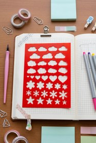 Resim Karmelom Studio Bullet Journal Şekilli Çizim Şablon Cetvel - Bulut, Kalp ve Çiçek Desenli Çizim Aracı 