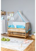 Resim Ahşap Beşik Anne Yanı Beşik Vernikli 70x130 - Mavi Balina Uyku Seti + Yataklı Ahşap 