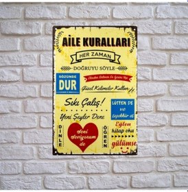 Resim Aıle Kuralları Ahşap Duvar Ve Kapı Süsü- Retro Ahşap Pano 28 X 20 