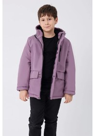 Resim Erkek Çocuk Kürklü Su Ve Rüzgar Geçirmez Kapüşonlu 3 Cep Kışlık Mont & Kaban & Parka-78 Lila 