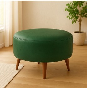 Resim Azra Mobilya Yeşil Yuvarlak Deri Puf 60 Cm Çap, 46 Cm Yükseklik, Modern Ceviz Ayaklı Yeşil 