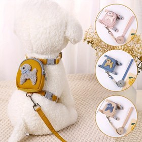 Resim Kediler ve küçük köpekler için sevimli 3D hayvan tasarımlı, rahat ayarlanabilir göğüs askısı ve dayanıklı yürüyüş tasması olan naylon sırt çantası ve tasma seti 