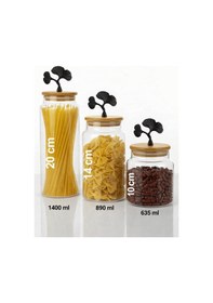 Resim 3'lü Bambu Kapaklı Mat Siyah Ginkgo Figürlü Şeffaf Cam Kavanoz Cam Saklama Kabı 635/890/1400ml Çok renkli 