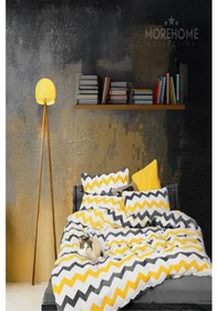 Resim More Home Lastikli Çarşaflı Çift Kişilik Nevresim Takımı Zikzak Gri - Beyaz 