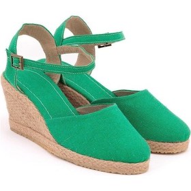 Resim Star Tombis Gerçek Elişi Topuğu Açık Bilekten Bantlı Dolgu Topuk Keten Hasır Espadril Handmade Yeşil 