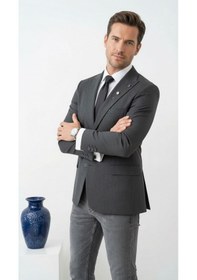 Resim Plus Scorpion Erkek Blazer Ceket Twill Puntolu Kırlangıç Yaka 2 Düğmeli Çift Yırtmaçlı Slim Fit Füme 