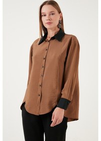 Resim Lela Asimetrik Kesim Oversize Fit Dokuma Bayan Gömlek 611Go0178 Camel 