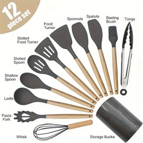 Resim 12 Parçalı Silikon Mutfak Gereç Seti Ahşap Saplı - Isıya Dayanıklı Pişirme Aletleri ve Aksesuarları, Kaşıklar, Spatula, Çırpıcı, Maşa ve Saklama Tutucu Dahil - Noel, Şükran Günü, Sevgililer Günü, Anneler Günü, İşçi Bayramı Hediyeleri İçin İdeal 