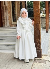 Resim Ayperi Kız Çocuk Tesettür Elbisesi Merasim Elbisesi,başörtülü Takım 3-12 Yaş Uygun Beyaz 