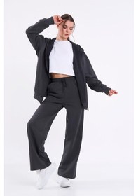 Resim Mmetalic Kadın Antrasit Normal Kalıp Basic Beli Lastikli Kapüşonlu Oversize Mevsimlik Alt Üst Eşofman Takımı Antrasit 