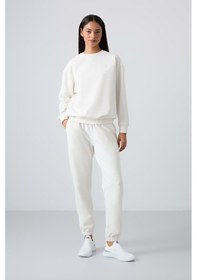 Resim Tommy Life Ekru Basic Pamuklu O Yaka Oversize Lastik Paça Kadın Eşofman Takım - 95287 Ekru 