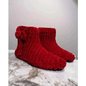 Resim Merut Style El Örgüsü Kadife Ip Kırmızı Kurdela Detaylı Ev Botu Panduf 