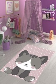 Resim Pelangi Pembe Kedi Desenli Dijital Baskı Yıkanabilir Kaymaz Taban Çocuk Odası Halısı, pembe 40 x 40 
