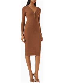 Resim Elit Elisabetta Franchi Ribbed Chest Pocket V Yaka Logo Düğmeli, Triko Midi Elbise Abiye Bej 44 