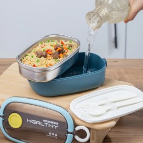 Resim Porsima 3114-1 Stainless Steel Vakumlu Lunch Box Tek Katlı Paslanmaz Çelik Kolay Kilitlenir Kendinden Kaşıklı Sefer Tası – 750ML Mavi 