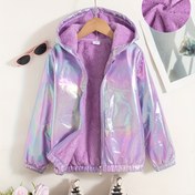 Resim Kızlar için Tam Fermuarlı Kapüşonlu Ceket - İridiscent Pastel Mor/Pembe/Mavi/Beyaz/Siyah/Gri Renkleriyle, Önü Full-Fermuar, Çocuk Okulu ve Aile Gezileri İçin Rahat Kışlık Mont Kolay El Yıkama Bakımı, Şık Dış Giyim (Dolgu Olmadan, Normal Kalıp) Doğum Günü İdeal Hediye 