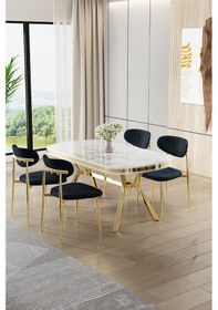 Resim Canisa Olya Serisi 90x168 Lak Panel Beyaz Mermer Desen Masa Takımı Gold Ayaklı 4 Antrasitsandalye Masa Beyaz Mermer Antrasit Sandalye 