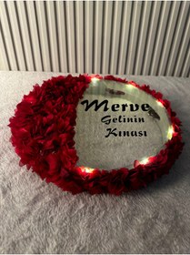 Resim Mortex Bordo LED’li Şeffaf Gelin Tefi 32 cm 3D Çiçek Süslemeli Kına Düğün Nedime Bride Parti Defi 