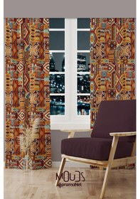 Resim Etnik Kilim Desenli Süet Oturma Odası Salon Fon Perde Baskılı Ekstrafor Büzgü 2 Kanat Prd-1019 Çok Renkli 
