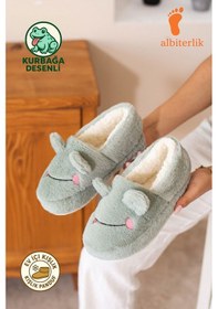 Resim Albishoes Kışlık Içi Tüylü Kadın Ev Ayakkabı Kurbağa Figürlü Kaydırmaz Rahat Taban Panduf Ev Botu Yeşil 