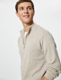 Resim Yarım Fermuarlı Kazak Dik Yaka Dokulu Uzun Kollu 