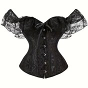 Resim Vintage Omuz Açık Korse Üst - Dantel Kollu ve Kemikli Bel, Kırmızı Paisley Desen, Çapraz Sırt Tasarımı, Esnemez Kumaş, Resmi Etkinlikler & Özel Günler İçin, Akşam Giyimi, Benzersiz Dokulu Moda, Parti Kıyafeti, Elde Yıkama, Vücuda Oturan Göğüs Bandı, Şık Tarz 