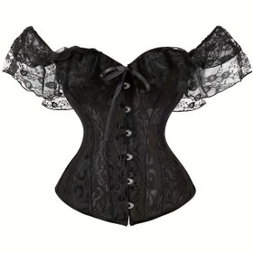 Resim Vintage Omuz Açık Korse Üst - Dantel Kollu ve Kemikli Bel, Kırmızı Paisley Desen, Çapraz Sırt Tasarımı, Esnemez Kumaş, Resmi Etkinlikler & Özel Günler İçin, Akşam Giyimi, Benzersiz Dokulu Moda, Parti Kıyafeti, Elde Yıkama, Vücuda Oturan Göğüs Bandı, Şık Tarz 