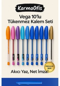 Resim Vega 10 Lu Tükenmez Kalem Seti 5 Mavi+5 Renkli 0.7 Mm İnce Uç Akıcı Yazım Premium Çok Renkli 