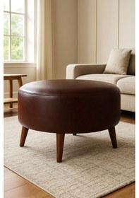 Resim Azra Mobilya Acı Kahve Yuvarlak Deri Puf 60 Cm Çap, 46 Cm Yükseklik, Modern Ceviz Ayaklı Kahverengi 
