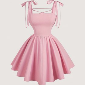 Resim Kadınların Zarif Seksi Sırt Bağlı Elbise - Resmi ve Rahat Parti, Düğün, Günlük Kıyafetler - Yumuşak Pembe A-Line Silueti ile Açık Omuz Yaka - Tüm Mevsimler için Kadın Giyim, Düğün Elbiseleri, Çok Yönlü Moda, Offshoulder Tasarım, Akışkan Kumaş, Akşam Giyimleri, Hafif Malzeme, Yetişkin Giyim 