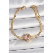 Resim 316L Çelik Gold Renk Italyan Zincir Pembe Zirkon Taşlı Kalp Model Kadın Bileklik 