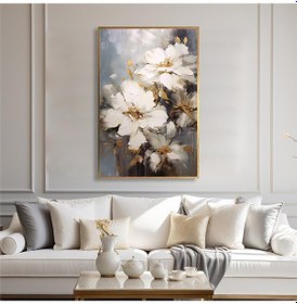 Resim Yağlı Boya Dokulu Tablo Soyut Beyaz Dikey Çiçekler Altın Çerçeveli U02040-178893 