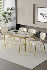 Resim Mutfak Masası Takımı Elma Serisi Benchli Gold Krem 
