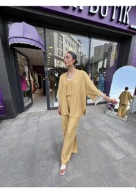 Resim Kol Detaylı Salaş Keten Kimono Safran Sarısı-101 Bej 