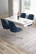Resim Canisa Tia Serisi 80x132 Açılabilir Mdf Mutfak Masası Takımı Beyaz Masa Krom Detay 4 Lacivert Sandalye 