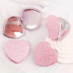 Resim 1 adet Pembe Simli Kalp Şeklinde Taşınabilir Makyaj Aynası, Cilalı Metal Çerçeve, Duvara Monte Edilebilir, Büyüteçli Yüzey, Karakter Temalı, Koku Yok, Elektrik veya Pil Gerektirmez 