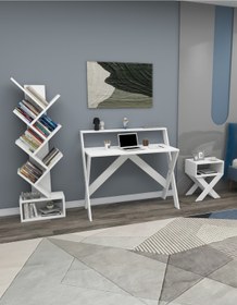 Resim Enda Home X Çalışma Odası Seti Çalışma Masası Kitaplık Komodin Beyaz Çalışma Masası Kitaplık Seti 