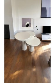 Resim Simillo Home&Living WOOD Wooden Ahşap 3’lü Set Fitilli Mantar Yan Sehpa Modern Beyaz Renk Fiskos 