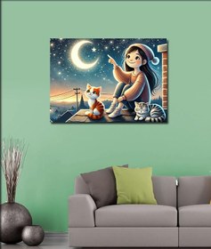 Resim Tablo Mega Kanvas Tablo Ayışığı Ve Kedili Kız YTCNVS502534, 70 x 100 